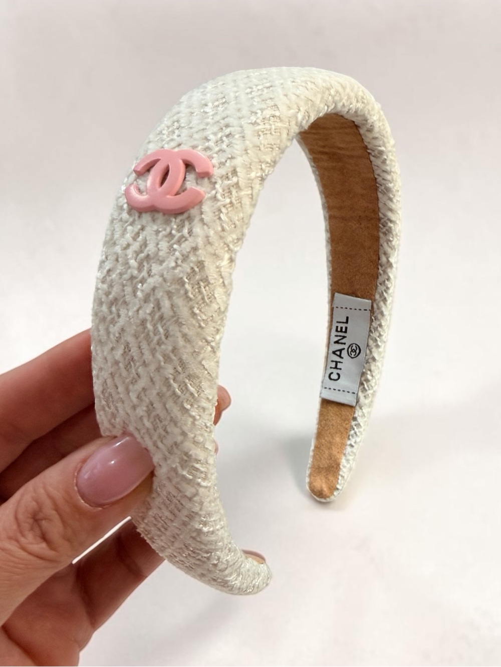 Cream Tweed Headband with Pink Acrylic Logo - NEW